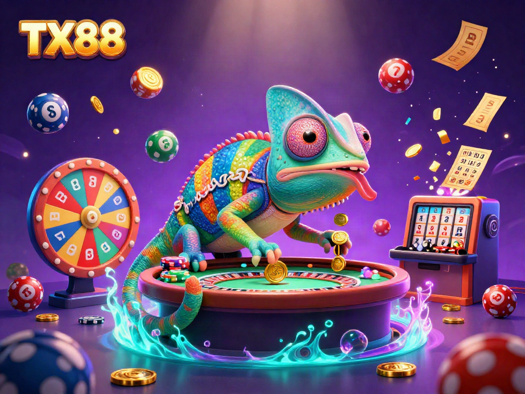 Experience vibrant gaming action at TX88 as a chameleon owner captures coins amid colorful lottery chaos.