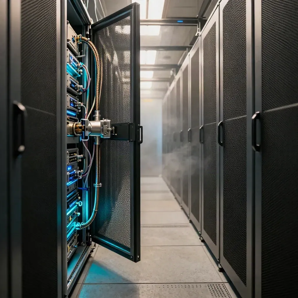 Open data center rack with cooling loops and cascading status lights in a hazy aisle.