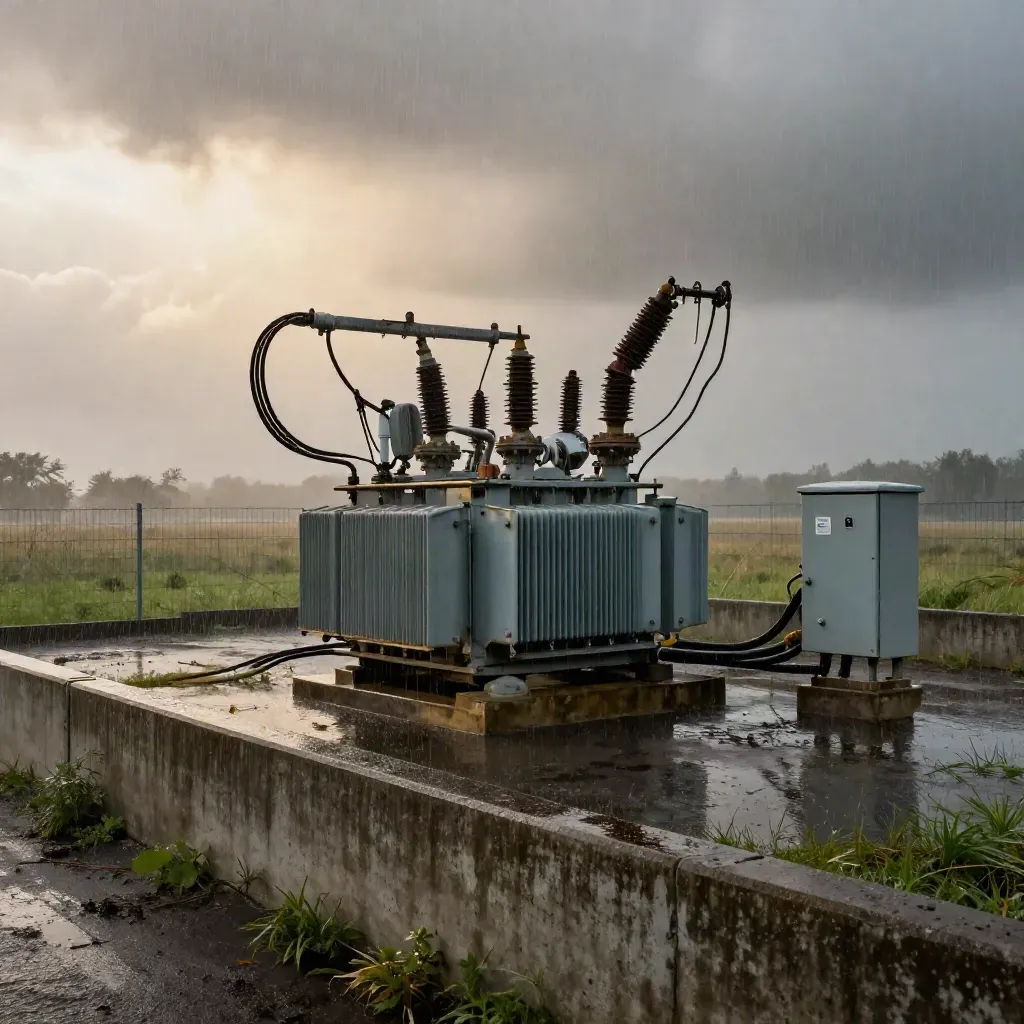 Rain-soaked utility substation by a field, seen wide behind a concrete barrier during a fresh squall.