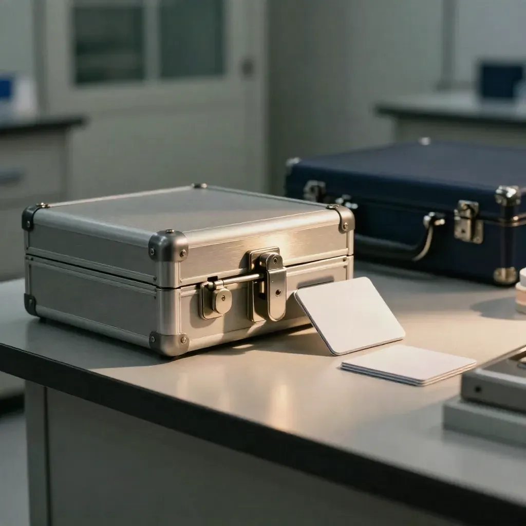 Biometric security hardware, blank access cards, and a locked briefcase on a policy lab bench.