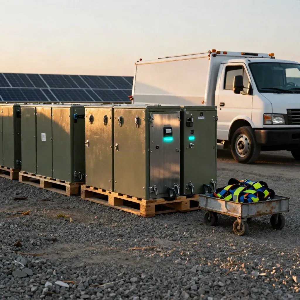 Solar yard with battery stacks, inverter cabinets and a utility truck in warm morning light.