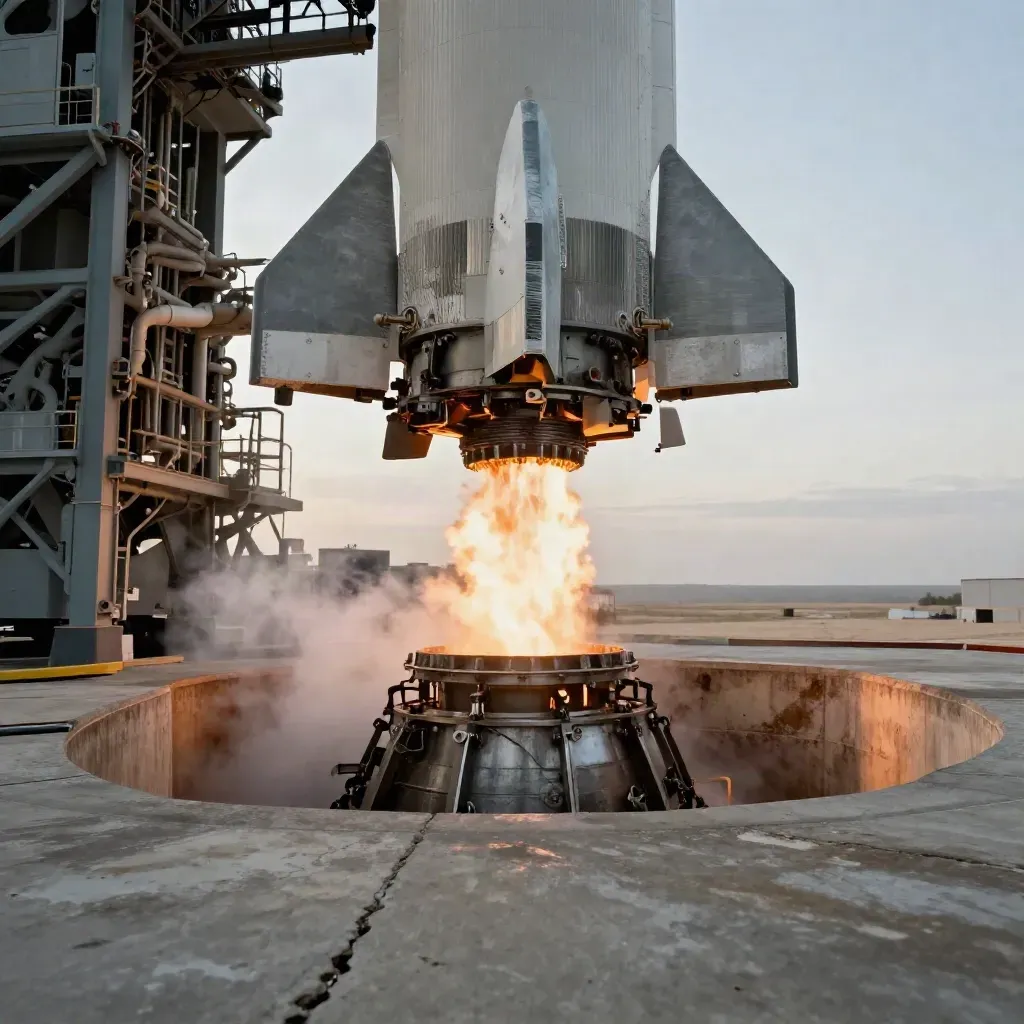Booster base vents white vapor around a launch pad gantry in a static fire test.