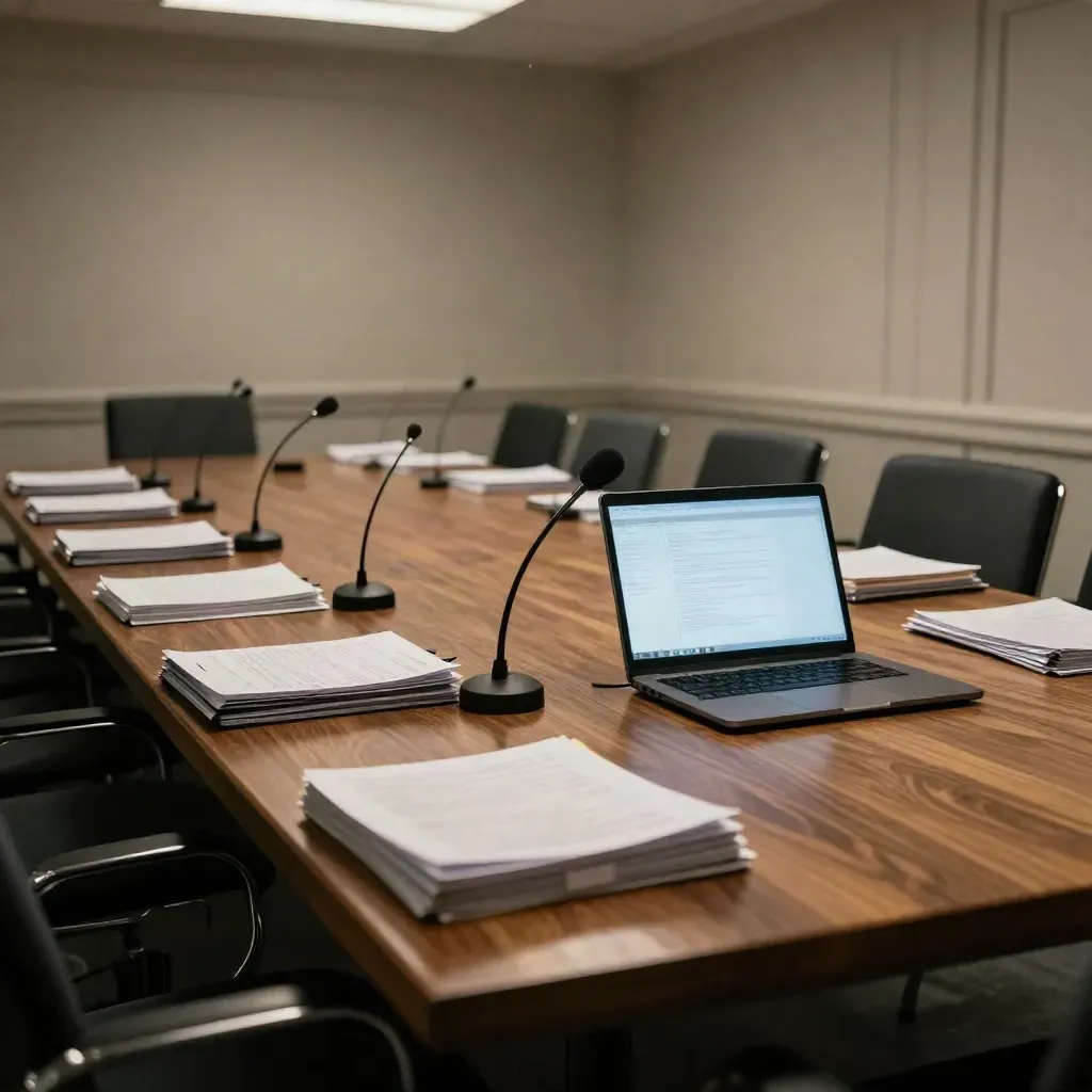 Empty federal conference room with microphones, policy folders and a glowing laptop on an oak table.