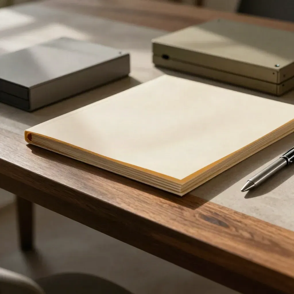 Low-angle macro of venture folders, metal pen, and prototype enclosures on a startup table.