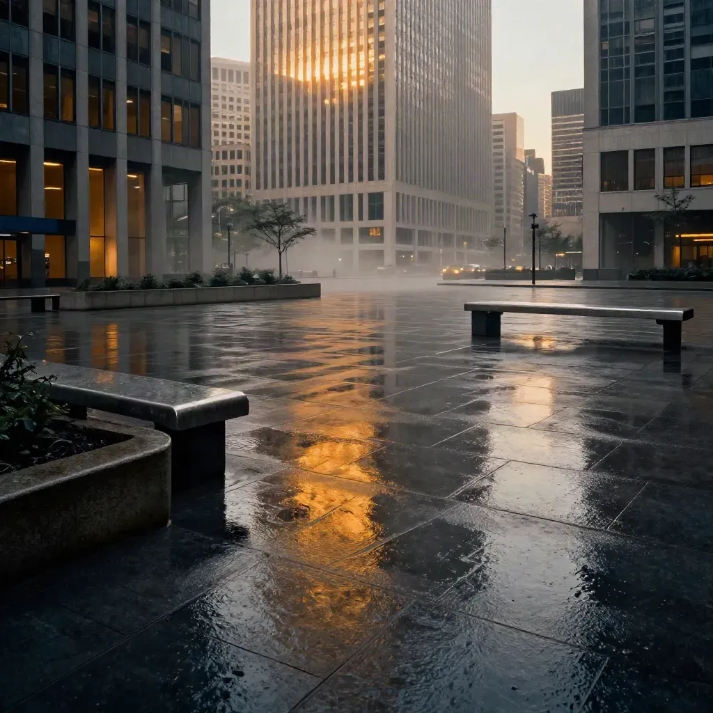 Empty rain-slick financial plaza beside office towers, glowing lobbies reflected on dark stone.