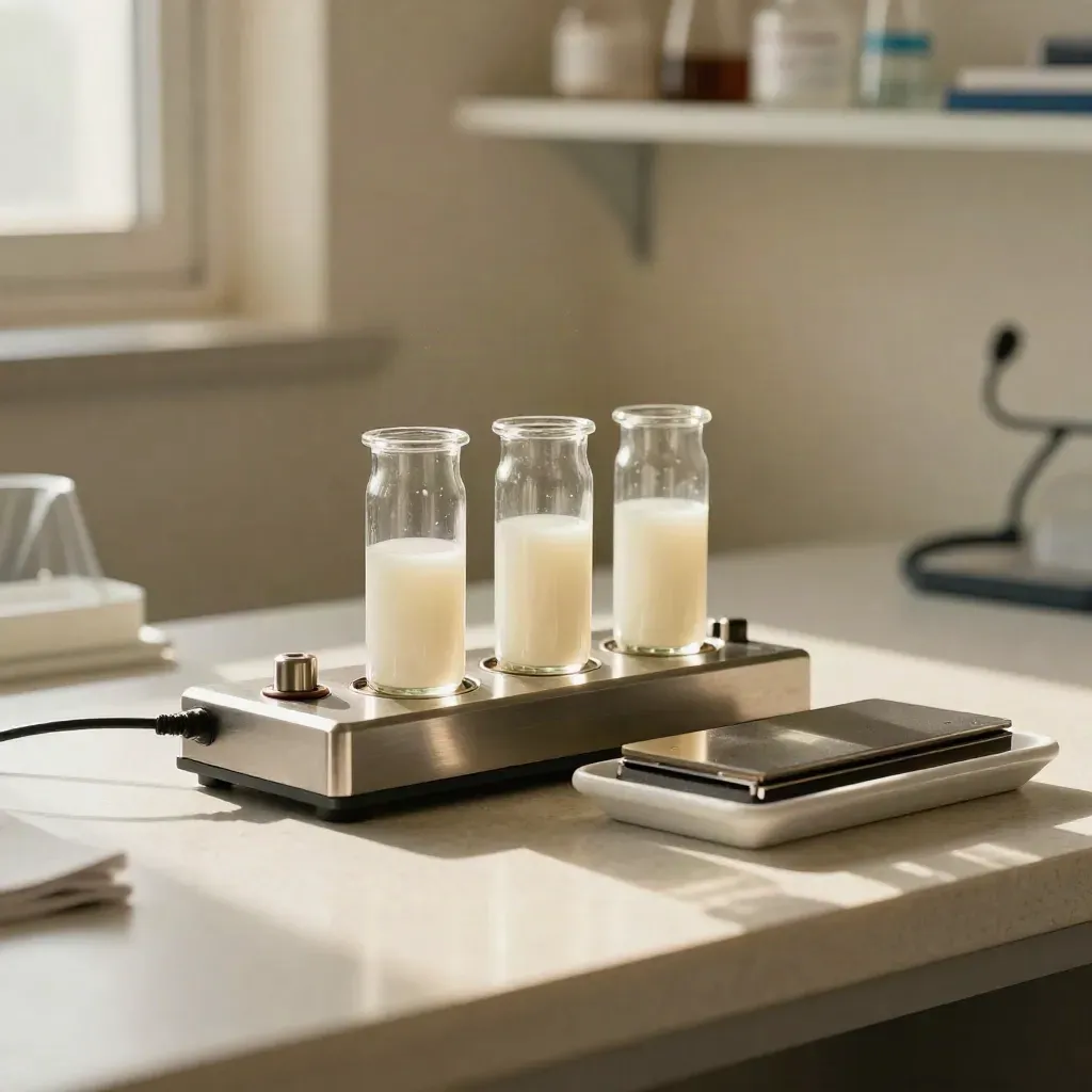 Battery cells, vials and a thermal plate on a lab bench in warm light.