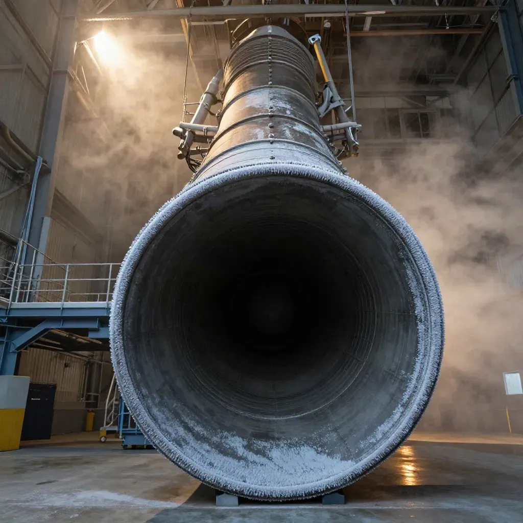 Frosted rocket engine nozzle in a dark hangar, seen from floor level
