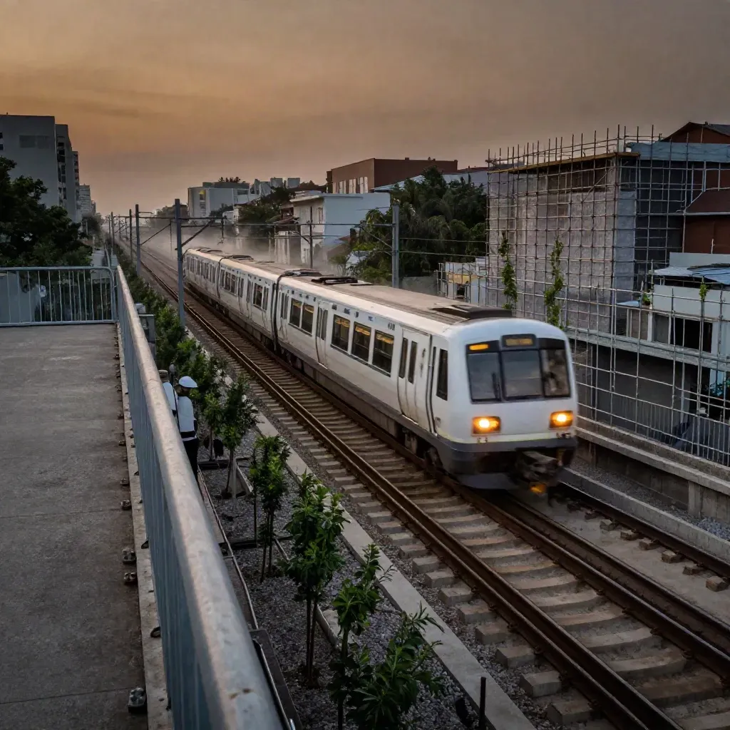 White train crossing an elevated line past new housing scaffolds and young trees at dusk.
