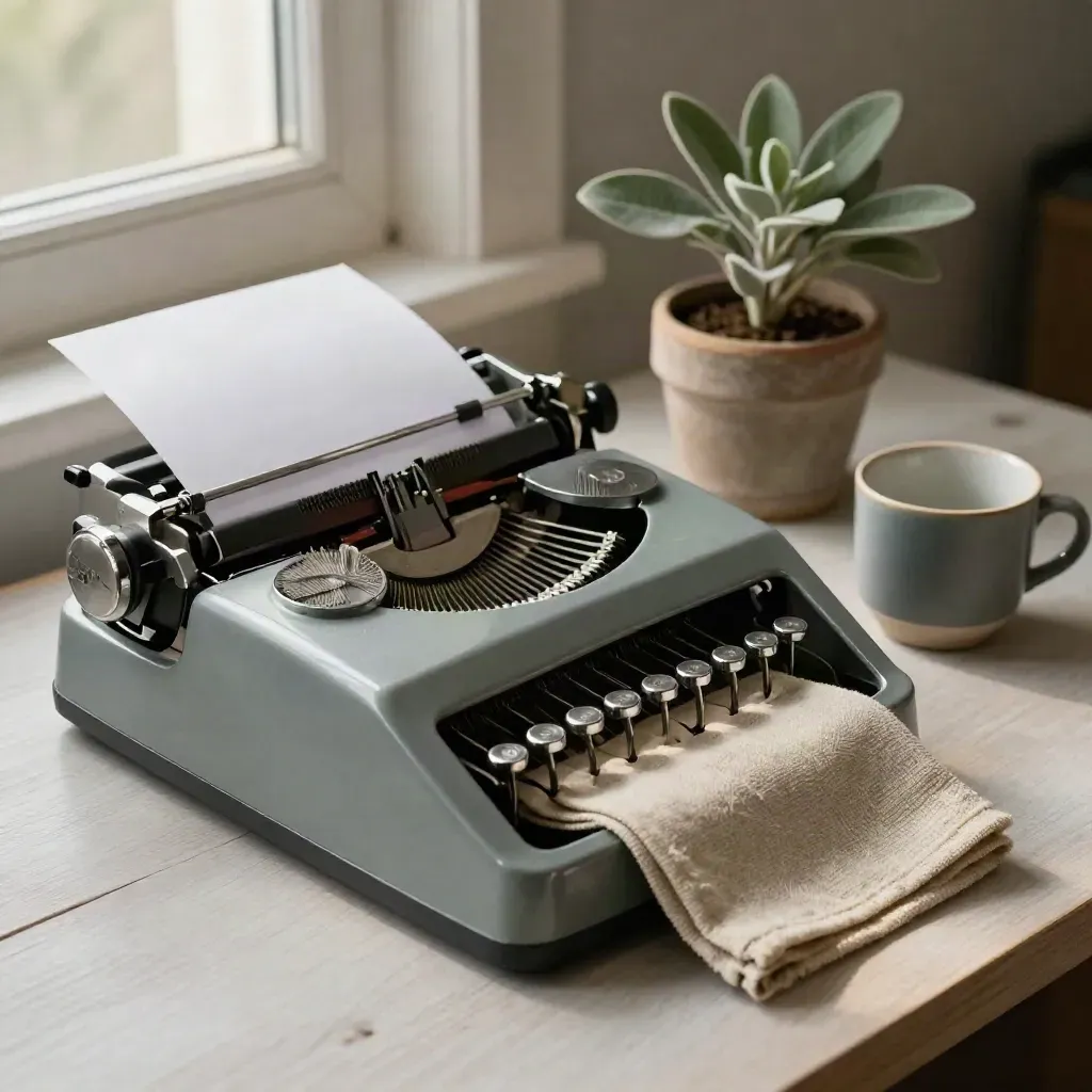 Brushed-metal adding machine with linen, plant, and ceramic cup on pale wood.