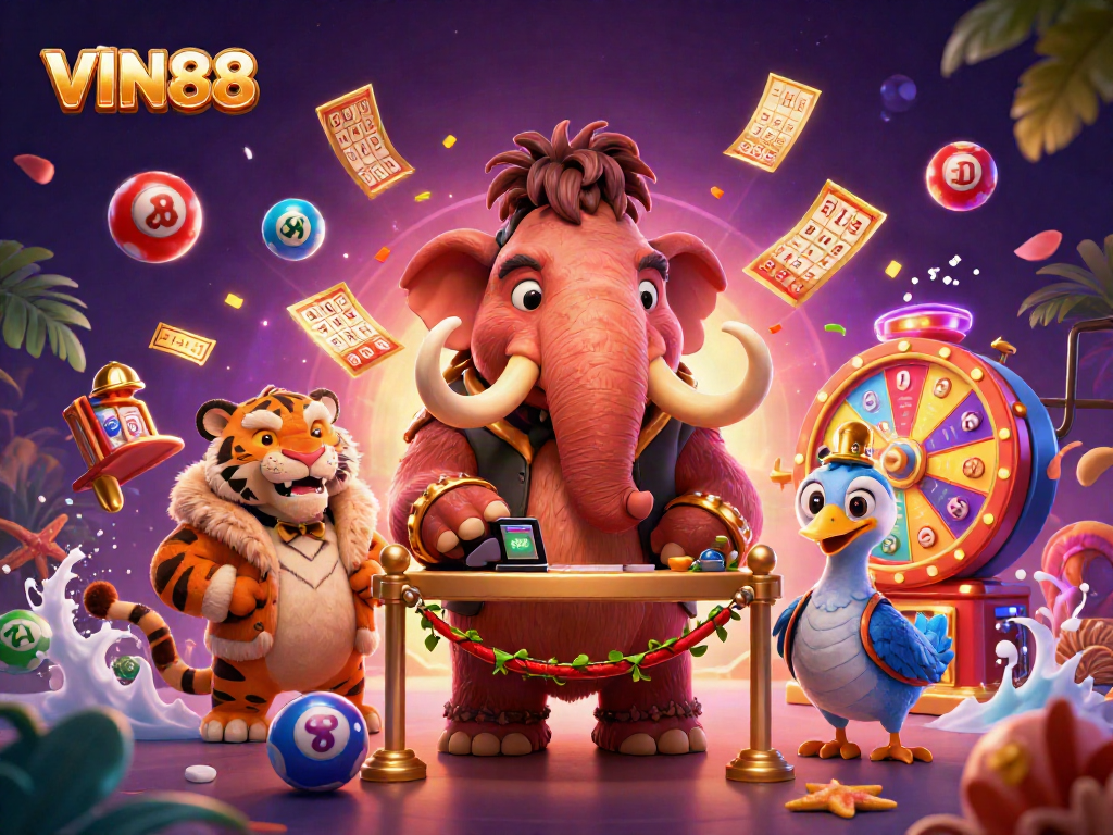 Join the excitement at VIN88 with vibrant illustrations of a casino scene featuring unforgettable characters and dynamic gaming elements.