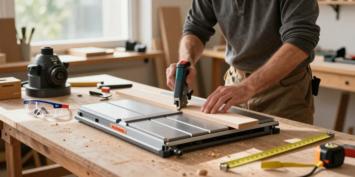 Craftsperson using a Festool table saw in a well-lit workshop, showcasing quality craftsmanship.