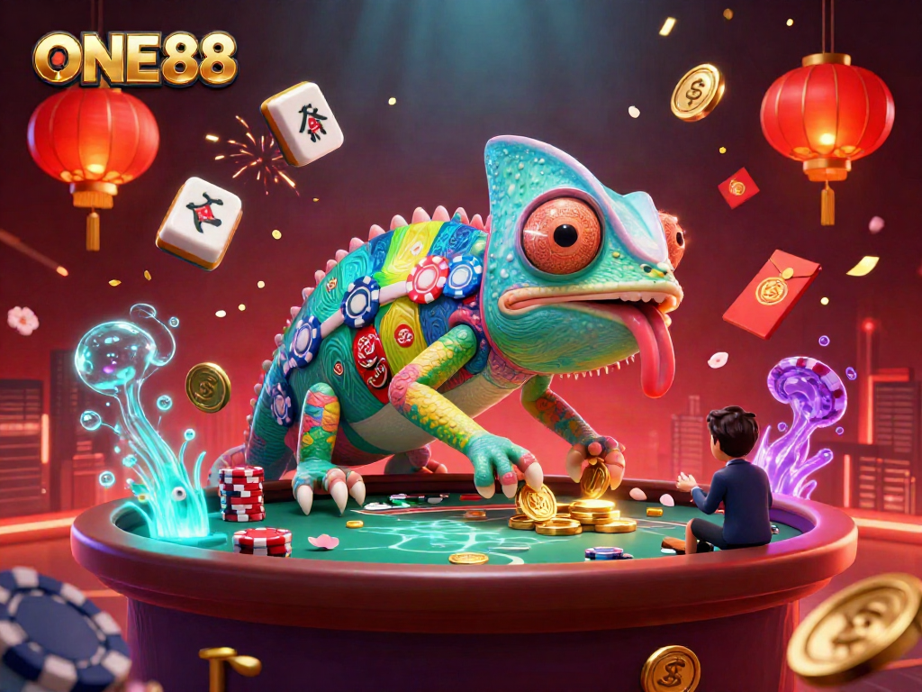 Experience the thrilling action of ONE88 with a vibrant chameleon casino owner and dynamic gambling elements.