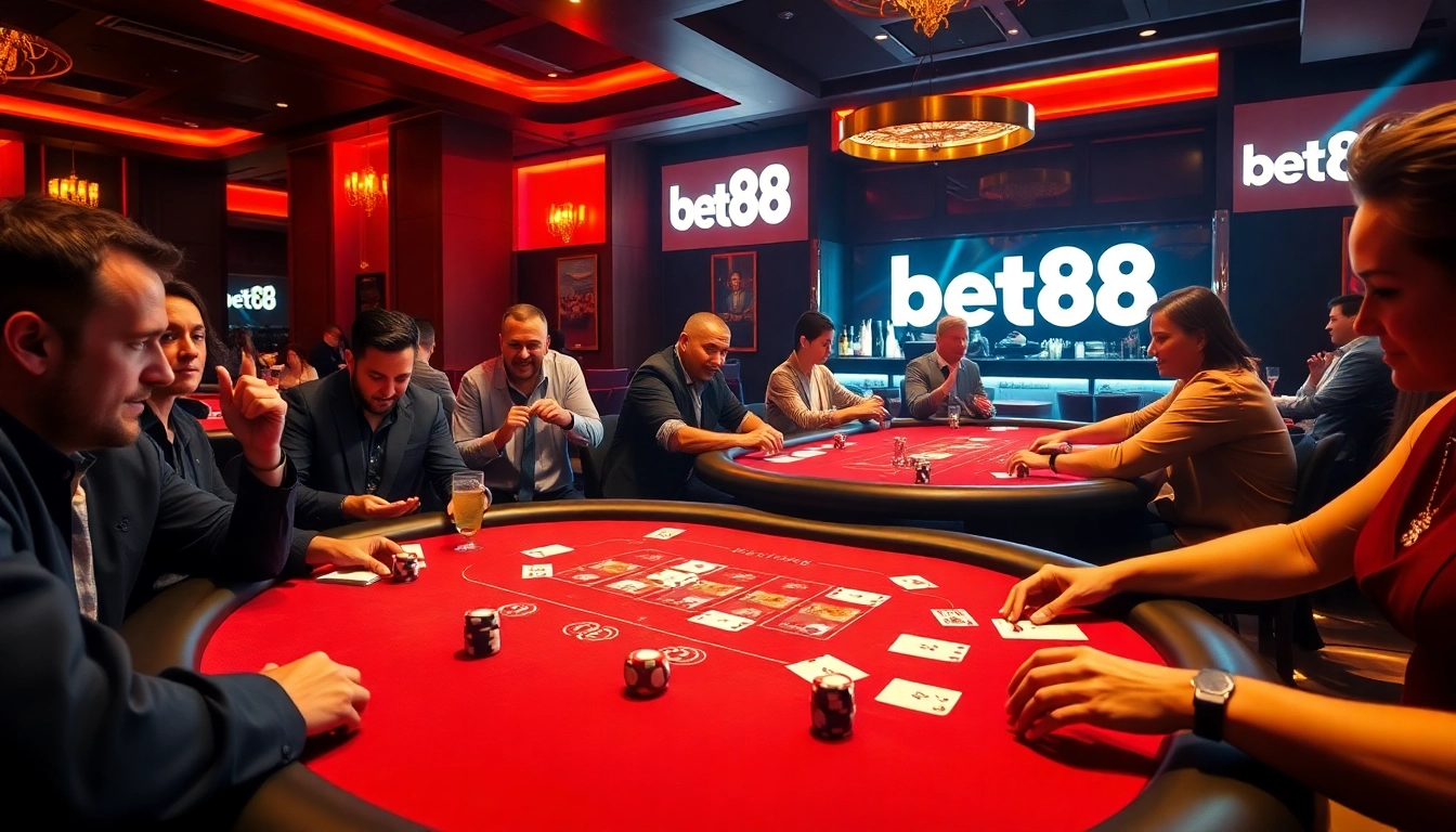 Bet88 casino players immersed in a thrilling poker game with luxurious ambiance.