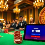 Login interface for ĐĂNG NHẬP VT88 amidst an exciting casino scene with active players.
