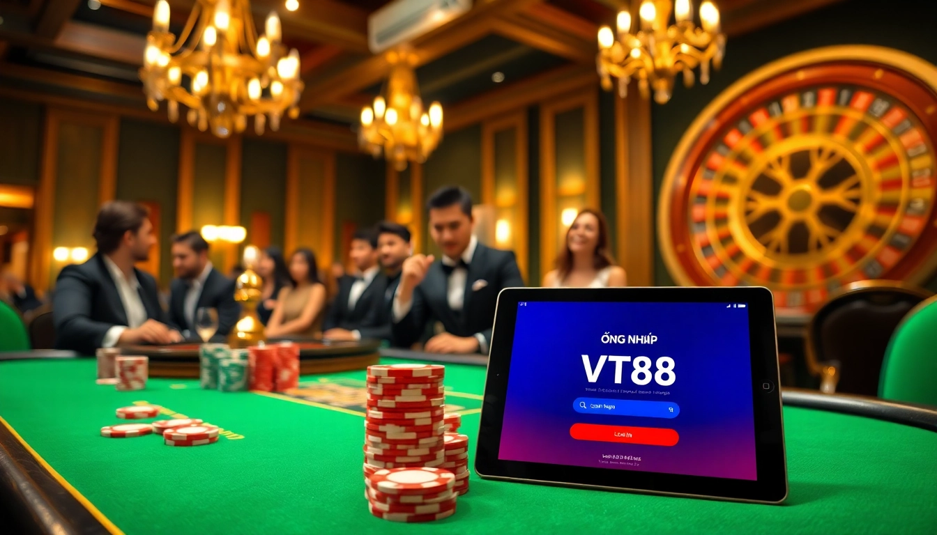 Login interface for ĐĂNG NHẬP VT88 amidst an exciting casino scene with active players.