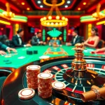 Players at a casino table celebrate a 32 win with excitement and poker chips, in a dazzling setting.