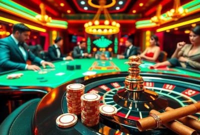 Players at a casino table celebrate a 32 win with excitement and poker chips, in a dazzling setting.
