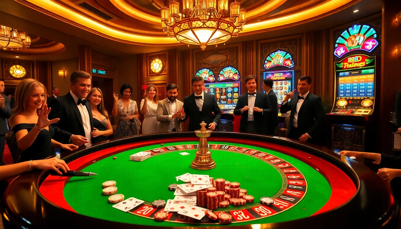 RR88 players enjoying a thrilling game at a luxurious casino roulette table.