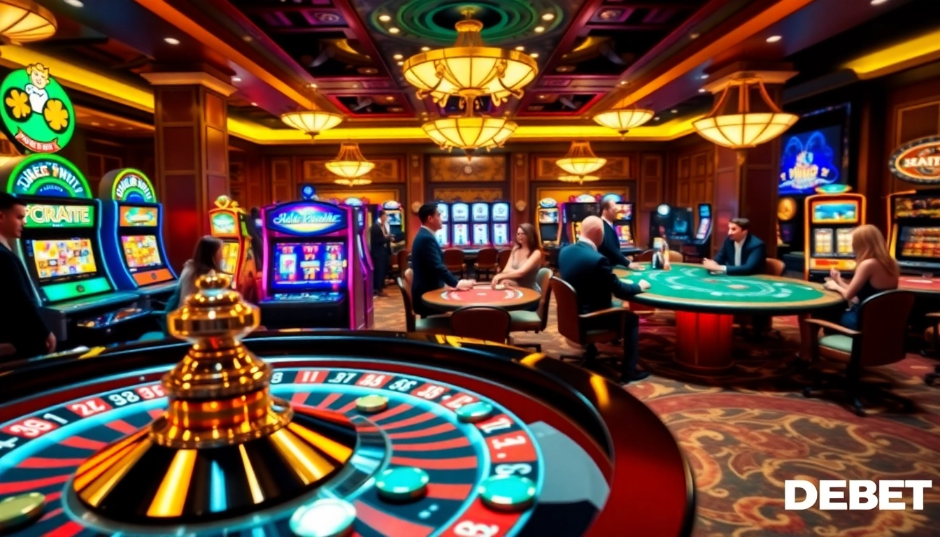 The thrilling gambling experience at Trang Chủ DEBET, featuring vibrant slot machines and an engaging roulette game.