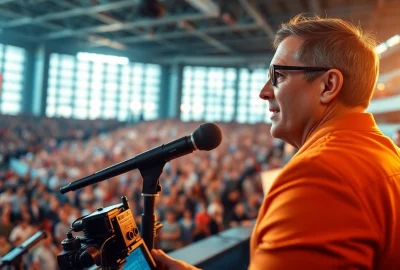 Sports Broadcasting in action with a sports announcer and vibrant crowds at a live event.