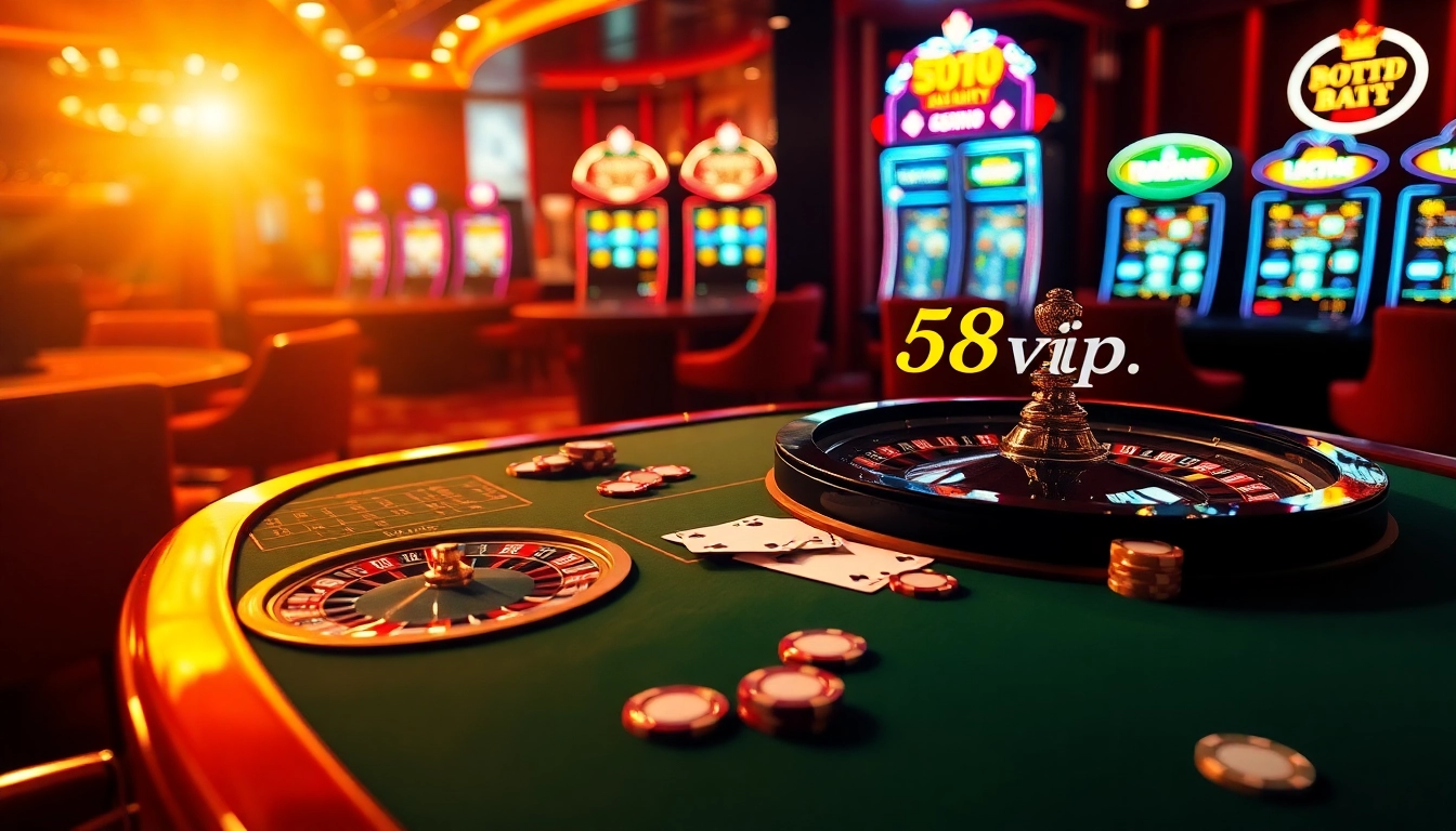 Gamblers enjoying an exciting game at a table inspired by https://68vip.plus/ with cards, roulette, and vibrant atmosphere.