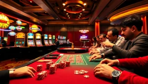 Experience the excitement of gambling at f8bet com with vibrant casino visuals, poker tables, and slot machines.