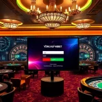 Login interface for ĐĂNG NHẬP HBBET in an elegant casino setting with vibrant lighting and gaming elements.