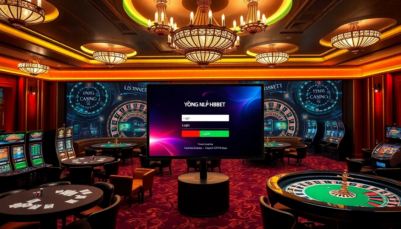 Login interface for ĐĂNG NHẬP HBBET in an elegant casino setting with vibrant lighting and gaming elements.