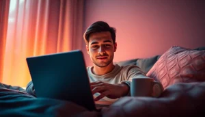 User exploring Crushon AI on a laptop in a cozy, intimate setting with warm lighting.