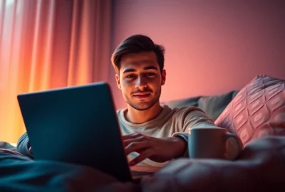 User exploring Crushon AI on a laptop in a cozy, intimate setting with warm lighting.