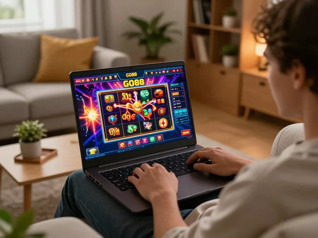 Player engaging with GO88 online gaming interface, immersing in vibrant slots action.