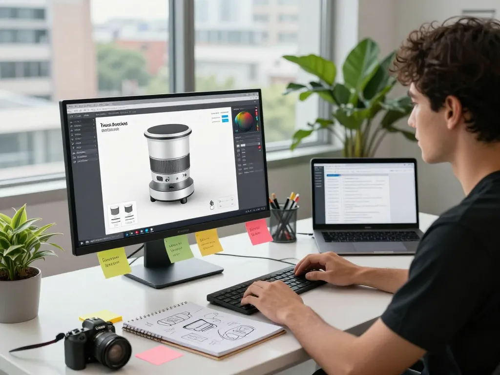Designer utilizing 3D product configurator software at modern workspace with vibrant urban view.