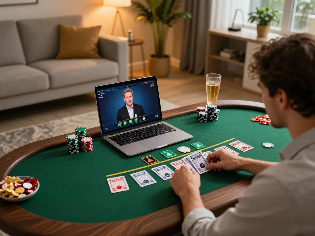 Engaging in online gaming at XX88 TODAY with a live dealer blackjack setup in a cozy environment.