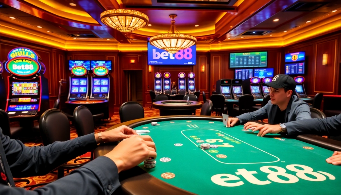 Bet88 poker players at an elegant casino table enjoying exciting games and wagering.