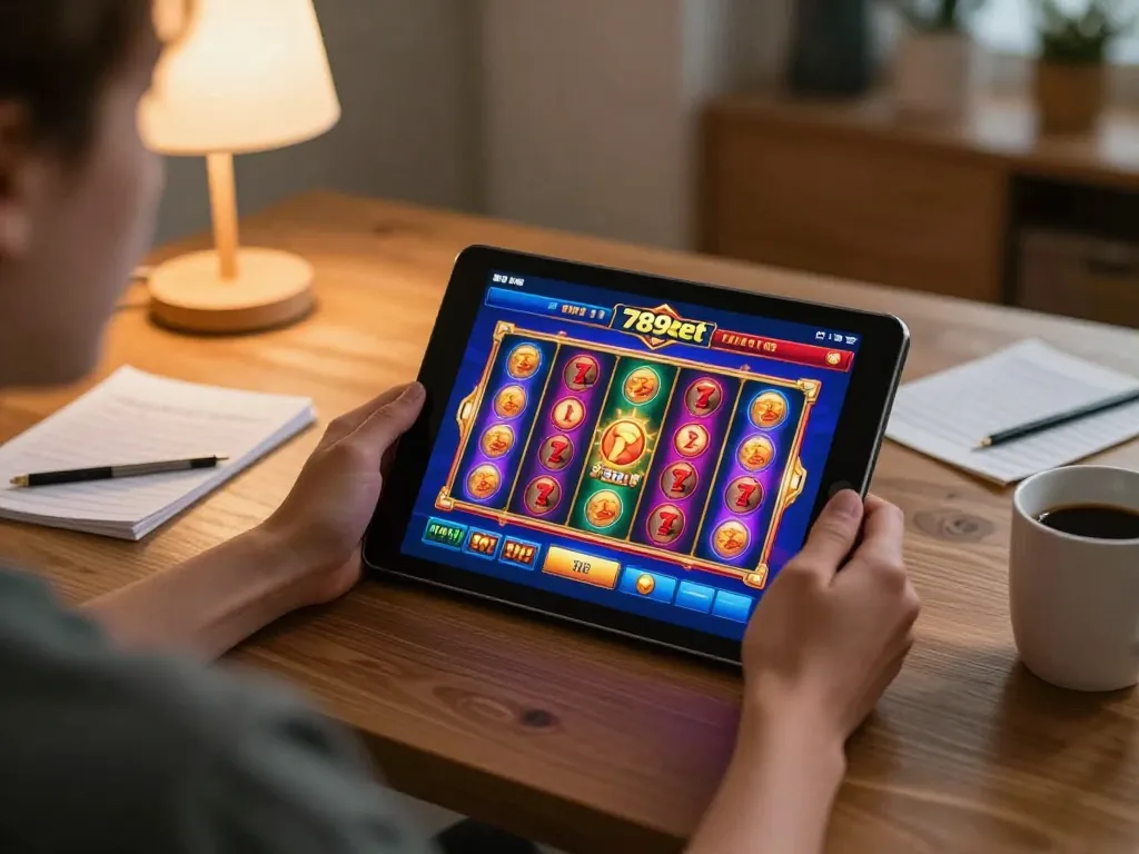 Person playing slot games on 789bet mobile app in a cozy setting, showcasing responsible gaming.
