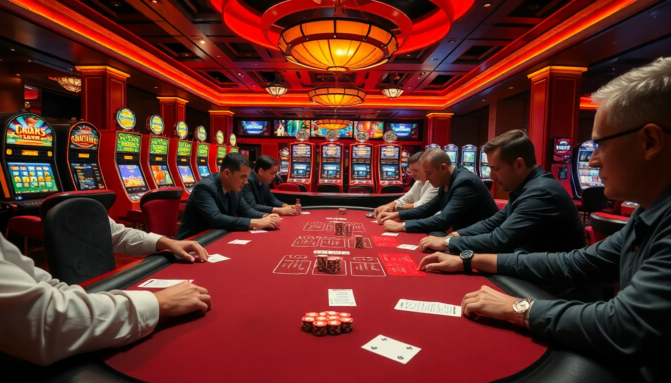 Gamblers enjoying a lively poker game at NET88's luxurious casino setup.