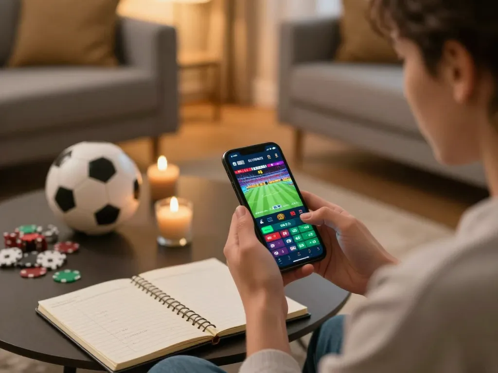 Engaging with Nhà cái FC88 sports betting app in a cozy living room setup.