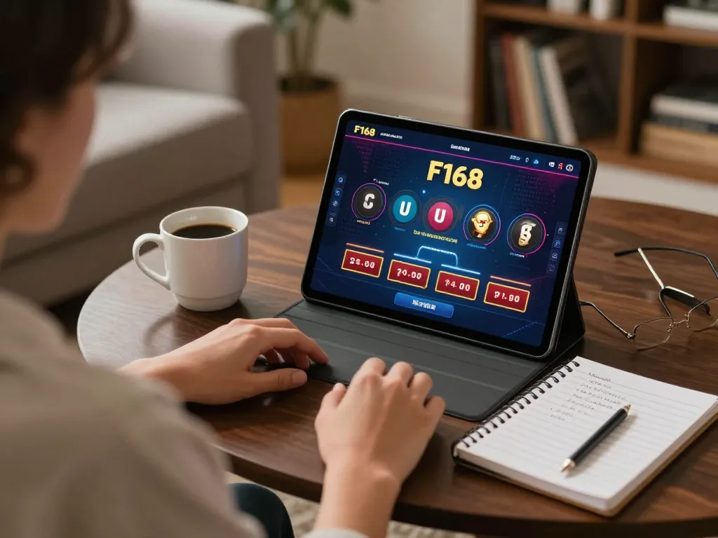A person engaging with F168 online casino games on a tablet while using strategic notes at home.