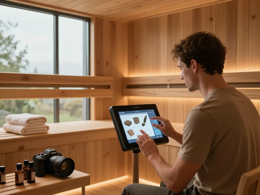 Sauna configurator in action, designing a cozy home sauna with interactive tools.
