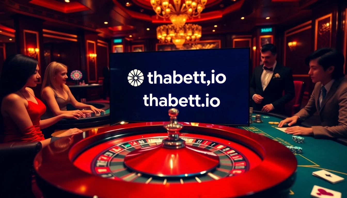 Experience the thrill of gambling at thabett.io with vibrant casino visuals featuring roulette and poker tables.