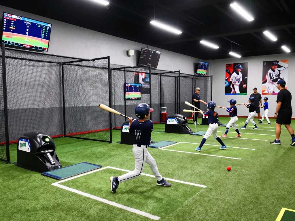 Young athletes at Hit Club practicing batting skills in a high-tech training facility.