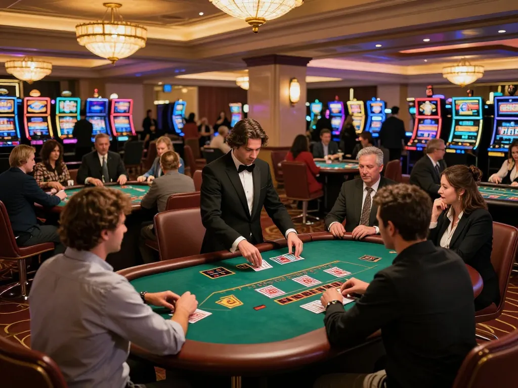 Players enjoy intense blackjack action at https://lode884.co.com/ under warm casino lighting.