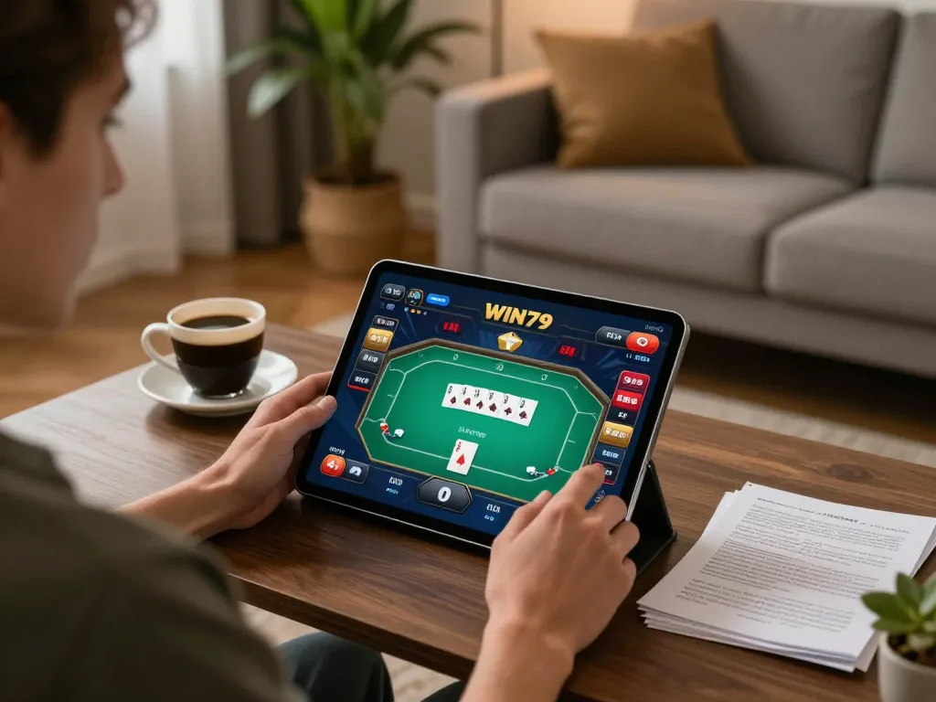 Engaging gameplay on WIN79 platform displayed on a tablet in a cozy home setting.