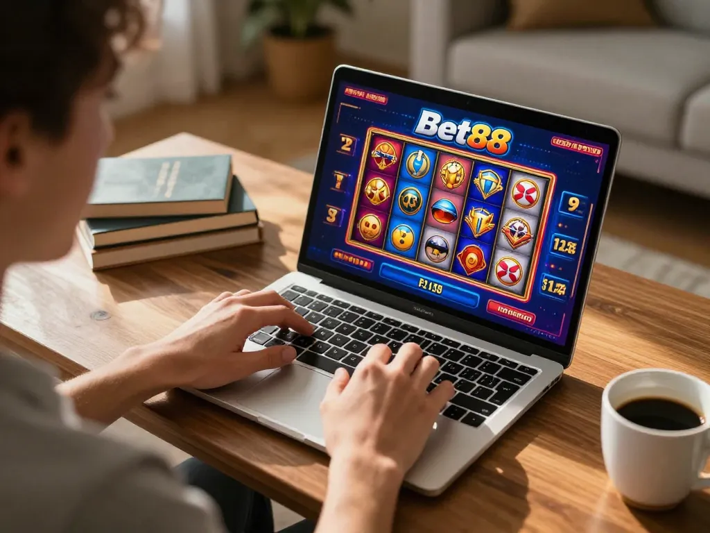 Players enjoying Bet88 slot games online in a cozy home gaming setup.