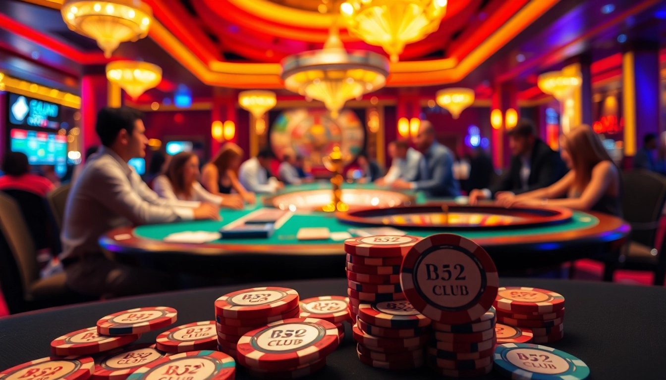 B52CLUB poker players engaging at a luxurious table with chips and cards, creating excitement.