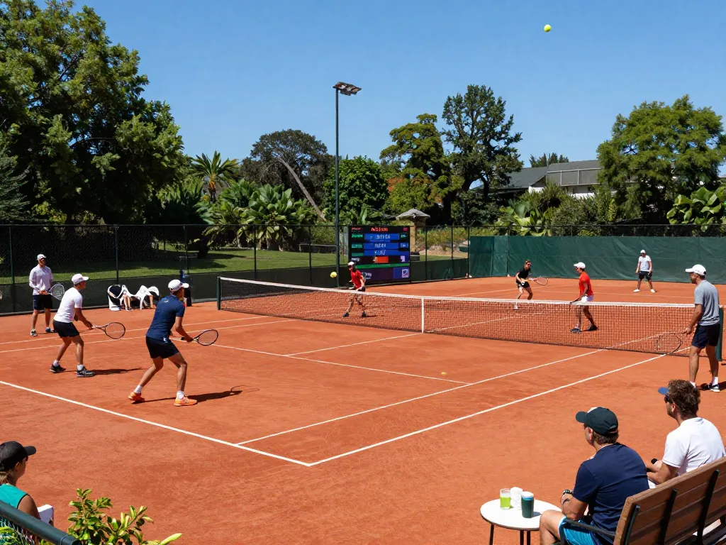 Players enjoying a tennis match on a vibrant Hybrid Clay court, showcasing its unique color and structure, surrounded by spectators.