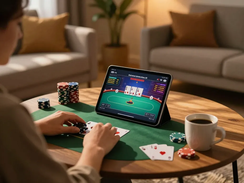 Engaged player experiencing poker gameplay on rikvip app with cozy home atmosphere.