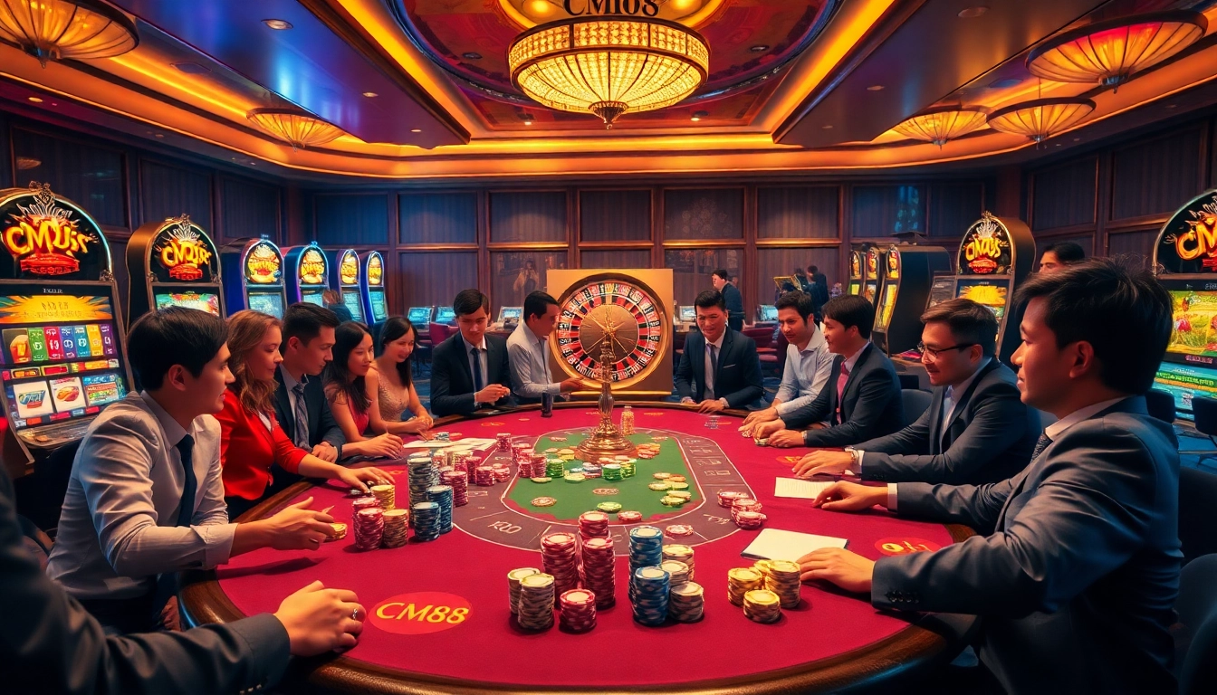 Excited players at a CM88-themed casino poker table with vibrant chips and roulette.