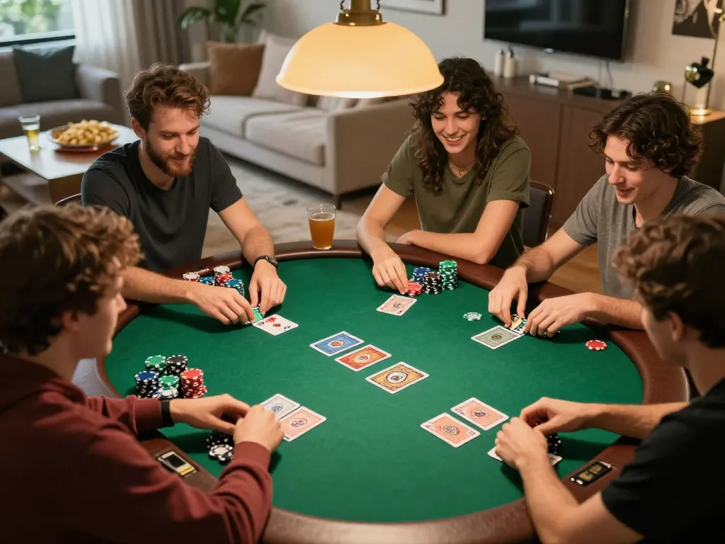 C168 poker night with friends playing Texas Hold'em, enjoying snacks and friendly competition