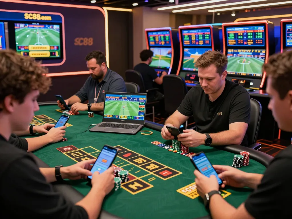 Exciting gambling experience at SC88.com with players betting live on mobile and laptops.